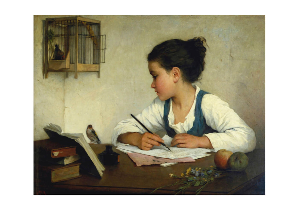 Henriette Browne Young Girl Writing at Her Desk with Birds