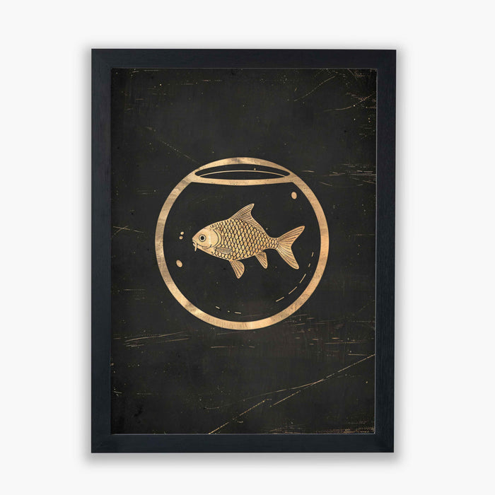 Golden Fish – Vintage Line Art Goldfish in Bowl – Minimalist Black & Gold