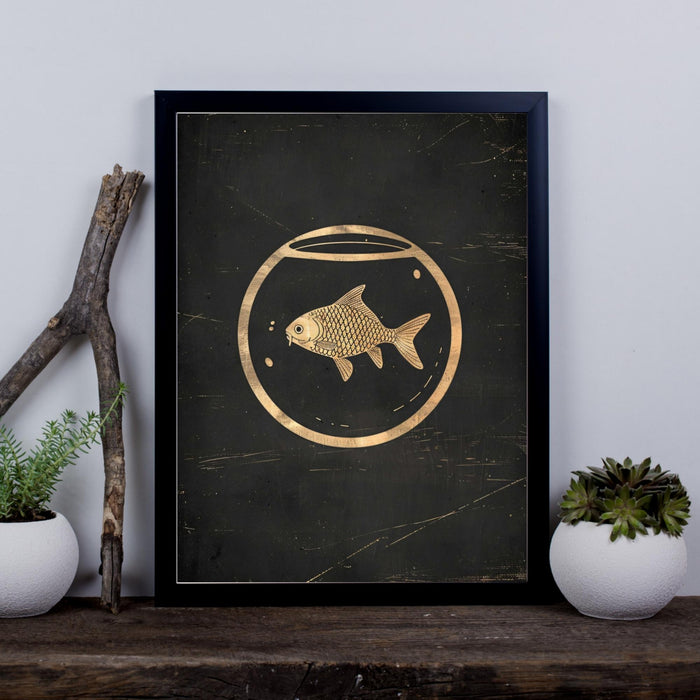 Golden Fish – Vintage Line Art Goldfish in Bowl – Minimalist Black & Gold