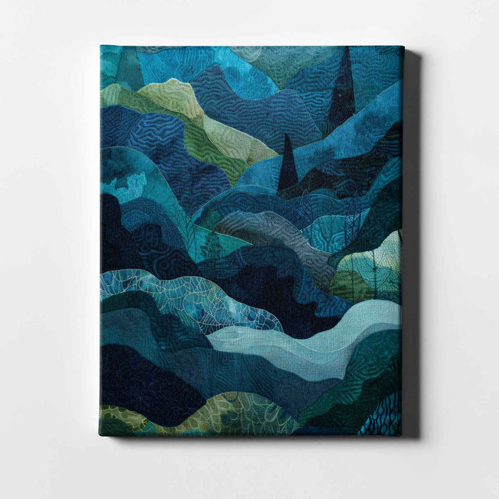 Midnight Textures – Layered Hills – Cool-Toned Topographic Landscape with Quilted Detail