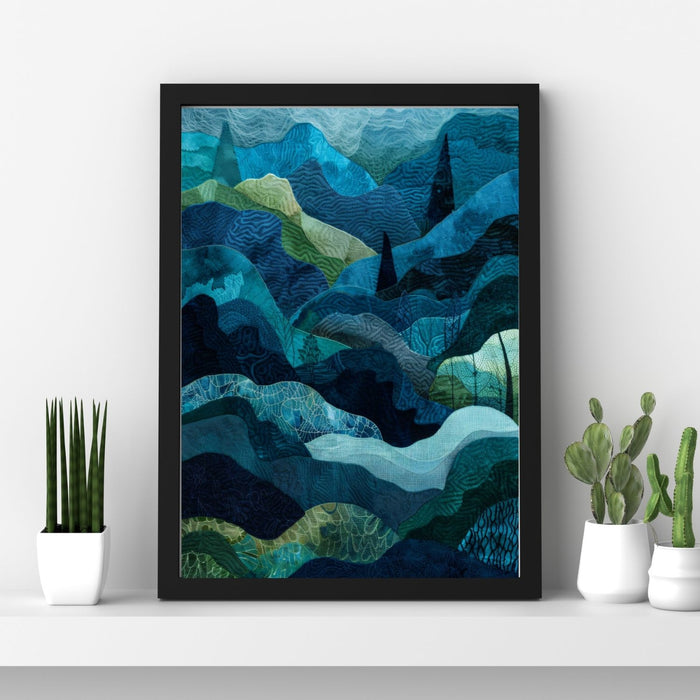 Midnight Textures – Layered Hills – Cool-Toned Topographic Landscape with Quilted Detail