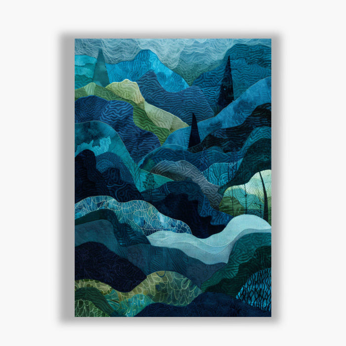 Midnight Textures – Layered Hills – Cool-Toned Topographic Landscape with Quilted Detail