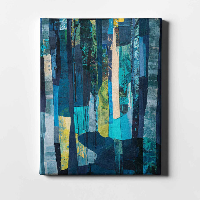 Midnight Textures – Night Grove – Textural Woodland Collage in Navy, Turquoise and Gold