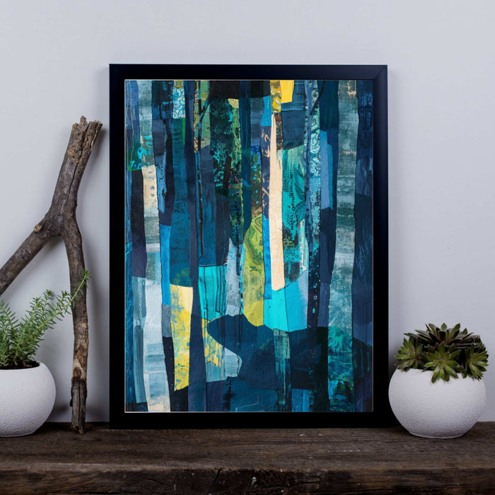 Midnight Textures – Night Grove – Textural Woodland Collage in Navy, Turquoise and Gold