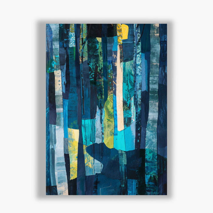 Midnight Textures – Night Grove – Textural Woodland Collage in Navy, Turquoise and Gold