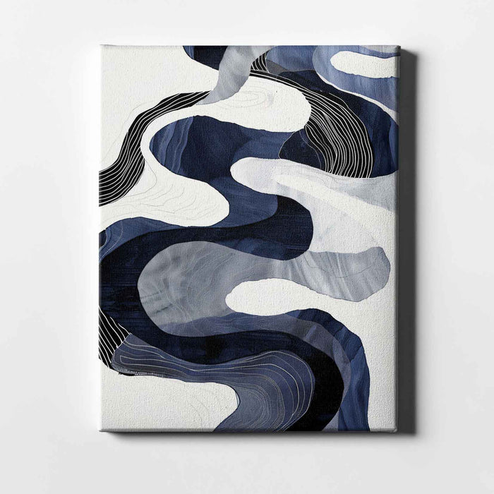 River Lines II – Indigo Topography and Flow - Layered navy and white contours create a tactile, map-like abstraction of currents and landscapes