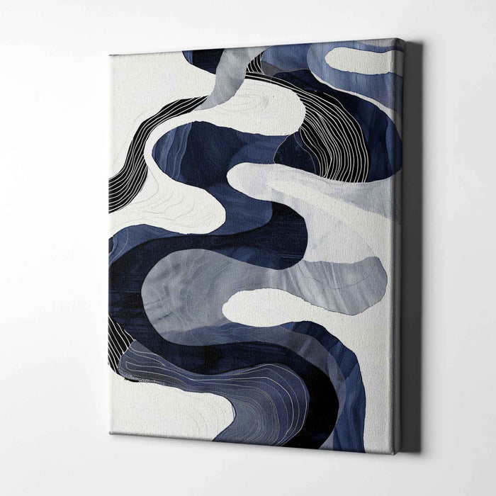 River Lines II – Indigo Topography and Flow - Layered navy and white contours create a tactile, map-like abstraction of currents and landscapes