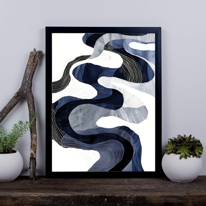 River Lines II – Indigo Topography and Flow - Layered navy and white contours create a tactile, map-like abstraction of currents and landscapes