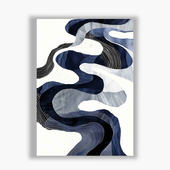 River Lines II – Indigo Topography and Flow - Layered navy and white contours create a tactile, map-like abstraction of currents and landscapes
