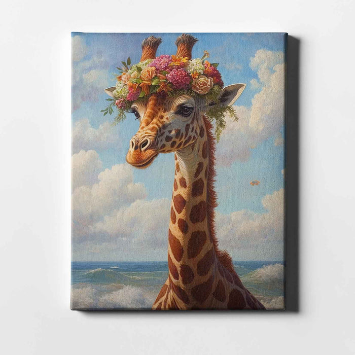 Beachside Beasts – Giraffe with Flower Crown – Whimsical Coastal Giraffe