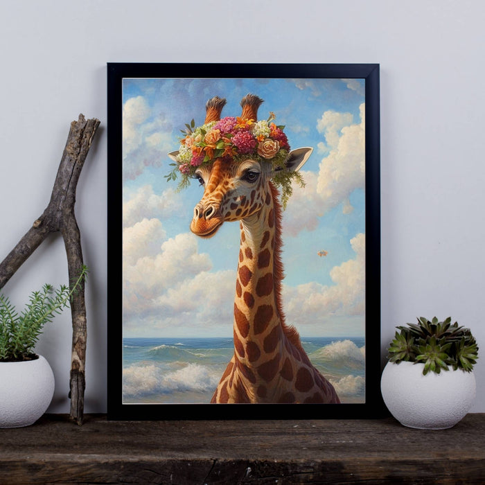 Beachside Beasts – Giraffe with Flower Crown – Whimsical Coastal Giraffe