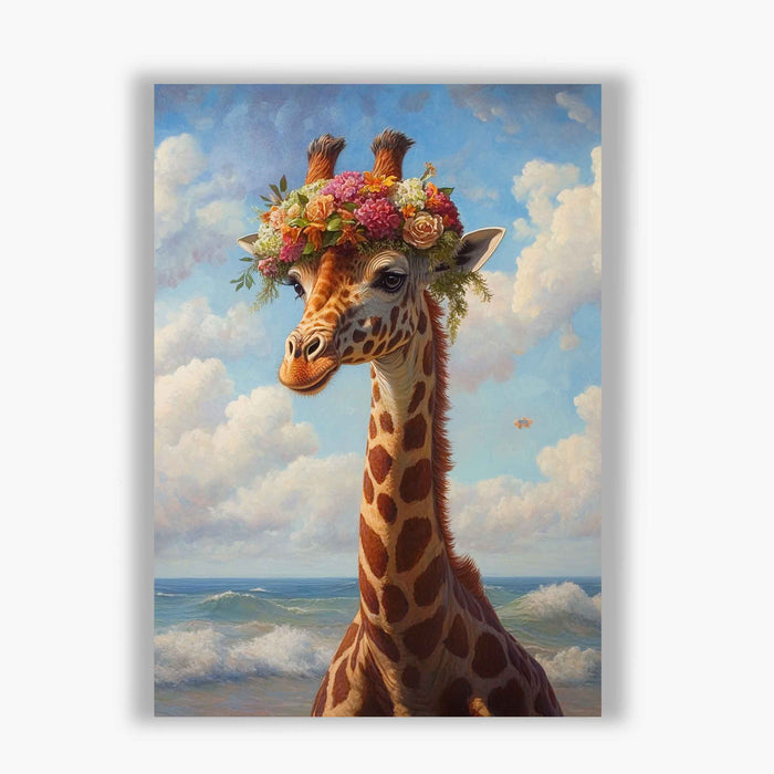 Beachside Beasts – Giraffe with Flower Crown – Whimsical Coastal Giraffe