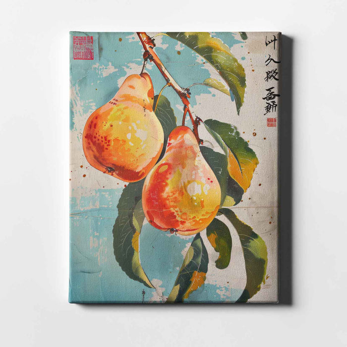 Vintage Orchard No.1 - Pears on Aqua with Japanese Script - Bold Fruit Illustration in Retro Watercolour Style