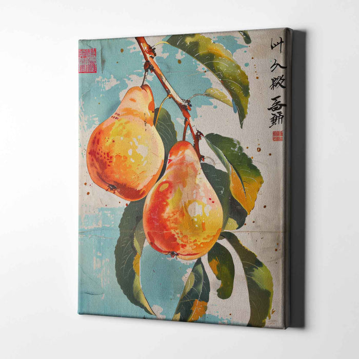 Vintage Orchard No.1 - Pears on Aqua with Japanese Script - Bold Fruit Illustration in Retro Watercolour Style