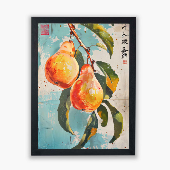 Vintage Orchard No.1 - Pears on Aqua with Japanese Script - Bold Fruit Illustration in Retro Watercolour Style