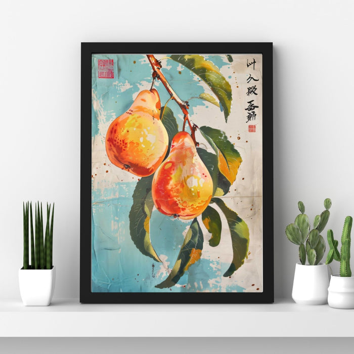 Vintage Orchard No.1 - Pears on Aqua with Japanese Script - Bold Fruit Illustration in Retro Watercolour Style