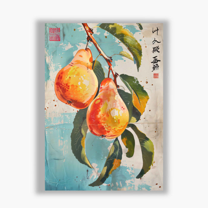 Vintage Orchard No.1 - Pears on Aqua with Japanese Script - Bold Fruit Illustration in Retro Watercolour Style