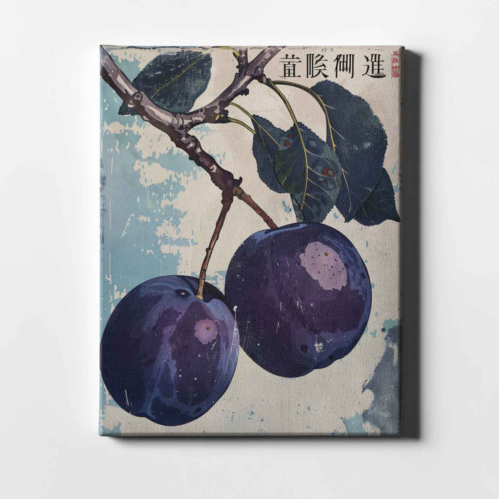 Vintage Orchard No.2 - Plums and Leaves on Weathered Blue - Botanical Fruit Print with East Asian Aesthetic