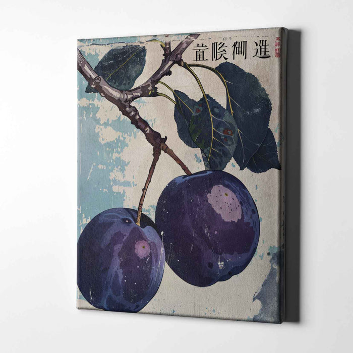 Vintage Orchard No.2 - Plums and Leaves on Weathered Blue - Botanical Fruit Print with East Asian Aesthetic
