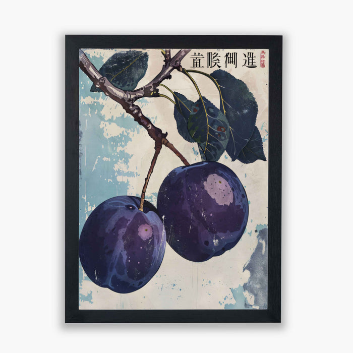 Vintage Orchard No.2 - Plums and Leaves on Weathered Blue - Botanical Fruit Print with East Asian Aesthetic