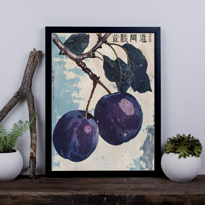 Vintage Orchard No.2 - Plums and Leaves on Weathered Blue - Botanical Fruit Print with East Asian Aesthetic