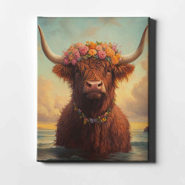 Beachside Beasts – Highland Cow – Floral Crown Animal Art in Ocean Sunset