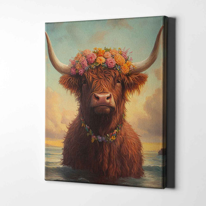 Beachside Beasts – Highland Cow – Floral Crown Animal Art in Ocean Sunset