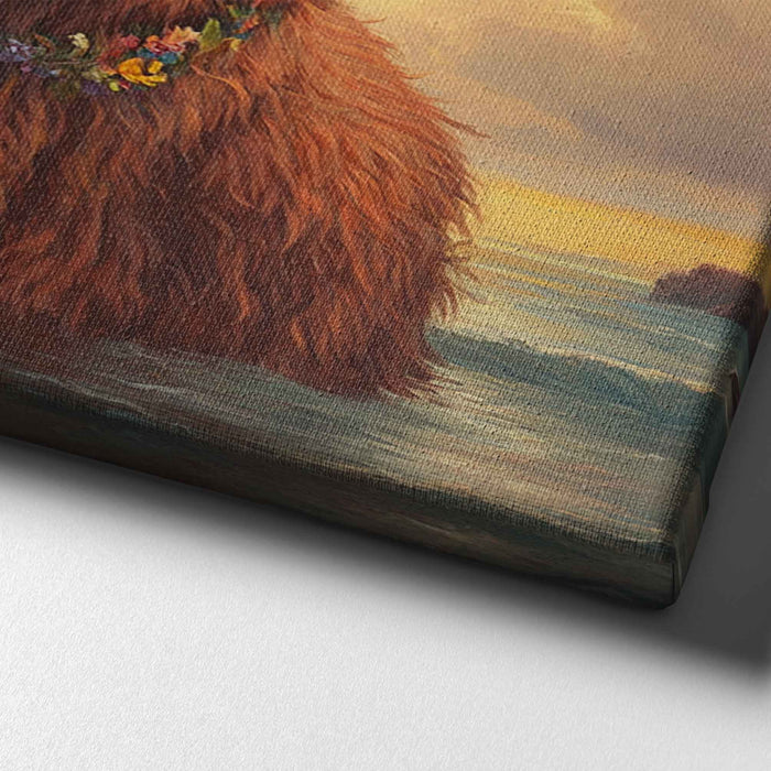 Beachside Beasts – Highland Cow – Floral Crown Animal Art in Ocean Sunset
