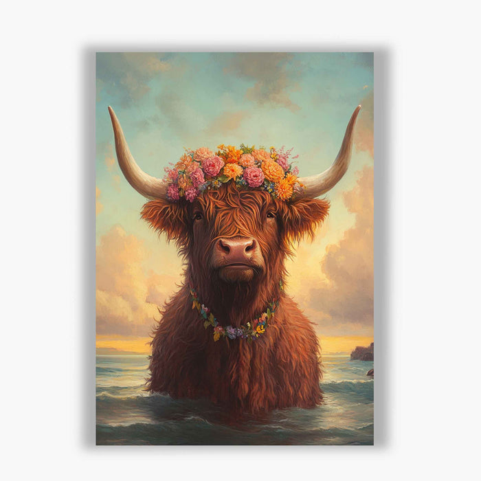 Beachside Beasts – Highland Cow – Floral Crown Animal Art in Ocean Sunset