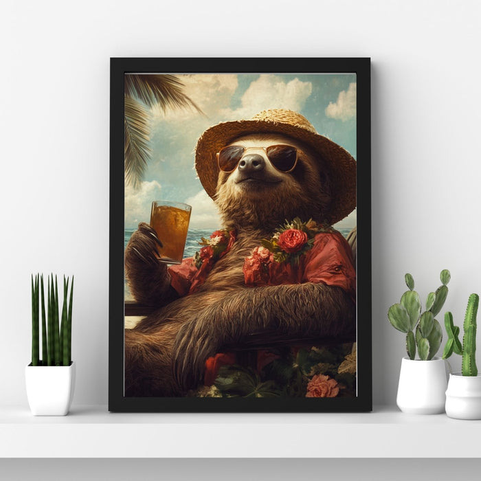 Beachside Beasts – Sloth with Beer in Sunglasses and Hawaiian Shirt