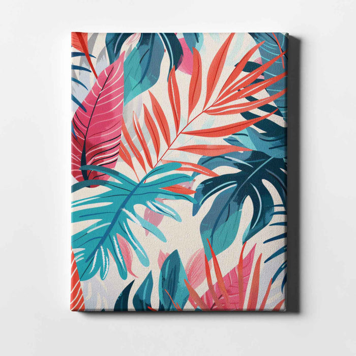 Electric Botanicals – Coral Canopy – Red and Teal Palm Leaves on Cream