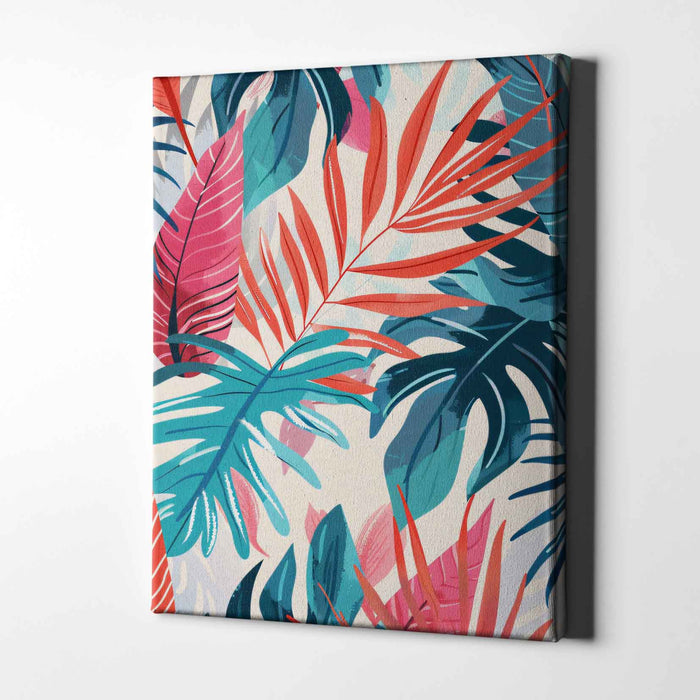 Electric Botanicals – Coral Canopy – Red and Teal Palm Leaves on Cream