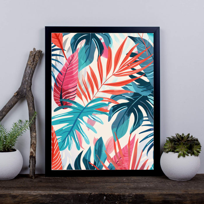 Electric Botanicals – Coral Canopy – Red and Teal Palm Leaves on Cream