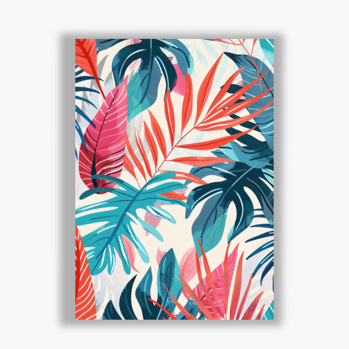 Electric Botanicals – Coral Canopy – Red and Teal Palm Leaves on Cream