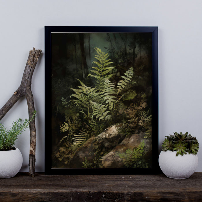 Shadow Ferns II – Woodland Fern Print with Mossy Greens and Earthy Texture