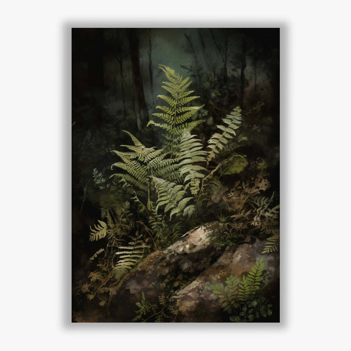 Shadow Ferns II – Woodland Fern Print with Mossy Greens and Earthy Texture
