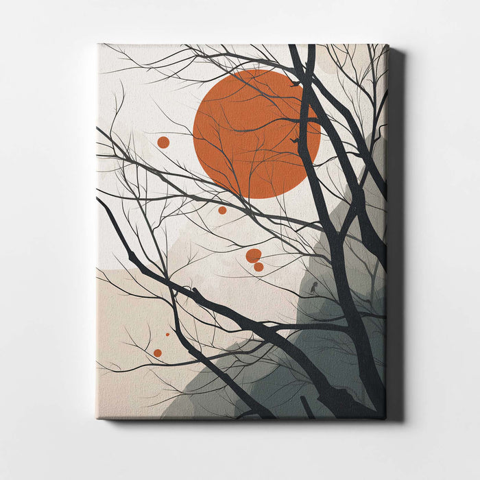 Winter Suns II – Minimal Tree Silhouettes with Rising Sun and Mountains