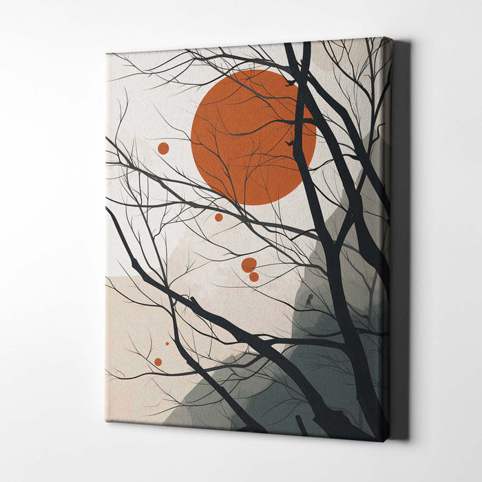 Winter Suns II – Minimal Tree Silhouettes with Rising Sun and Mountains