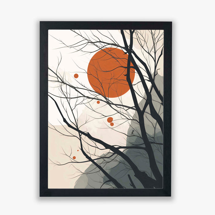 Winter Suns II – Minimal Tree Silhouettes with Rising Sun and Mountains