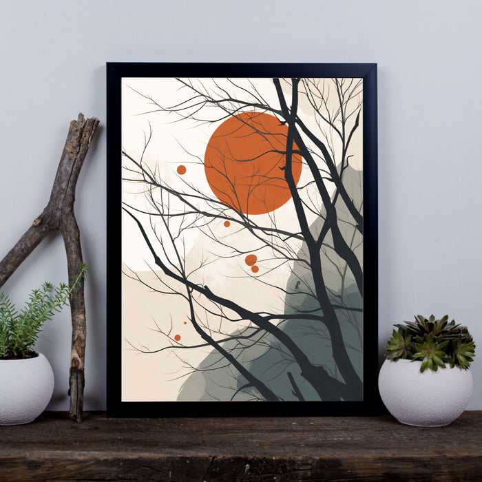 Winter Suns II – Minimal Tree Silhouettes with Rising Sun and Mountains