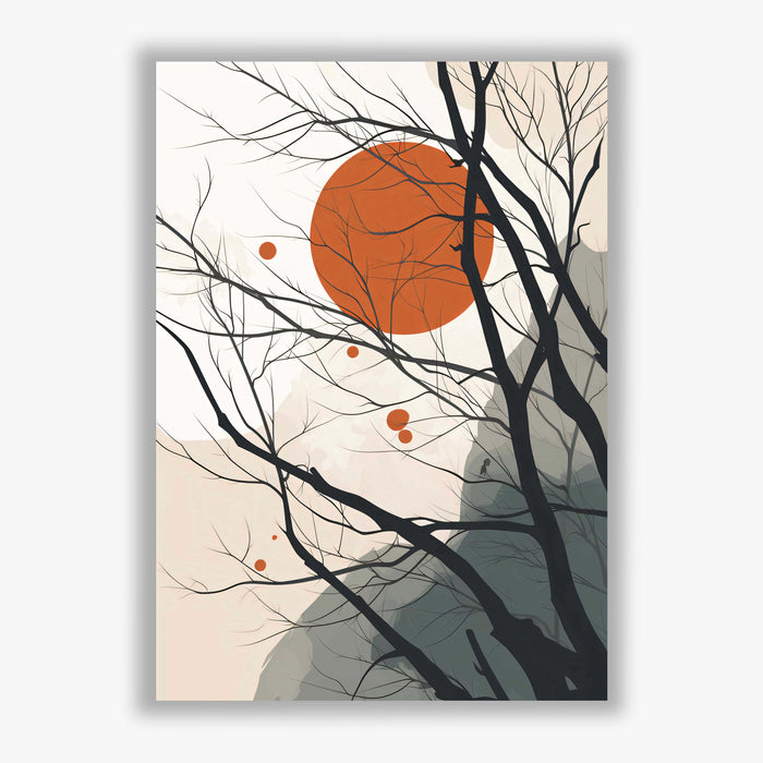 Winter Suns II – Minimal Tree Silhouettes with Rising Sun and Mountains
