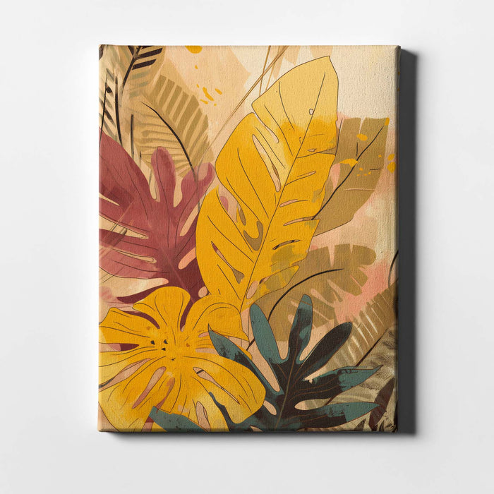 Tropical Radiance III – Golden Tropical Leaves with Coral Accents