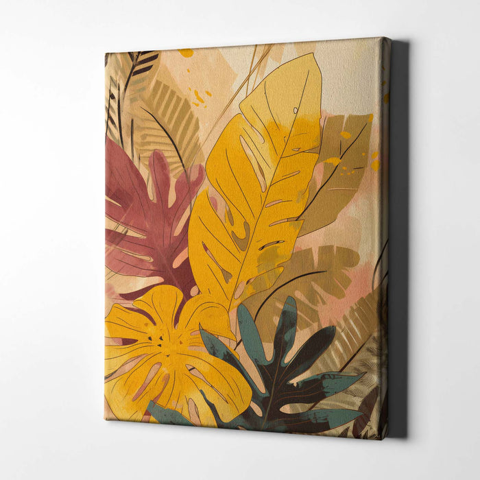 Tropical Radiance III – Golden Tropical Leaves with Coral Accents