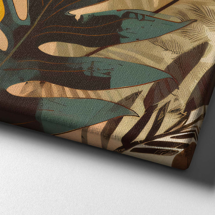 Tropical Radiance III – Golden Tropical Leaves with Coral Accents