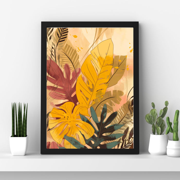 Tropical Radiance III – Golden Tropical Leaves with Coral Accents