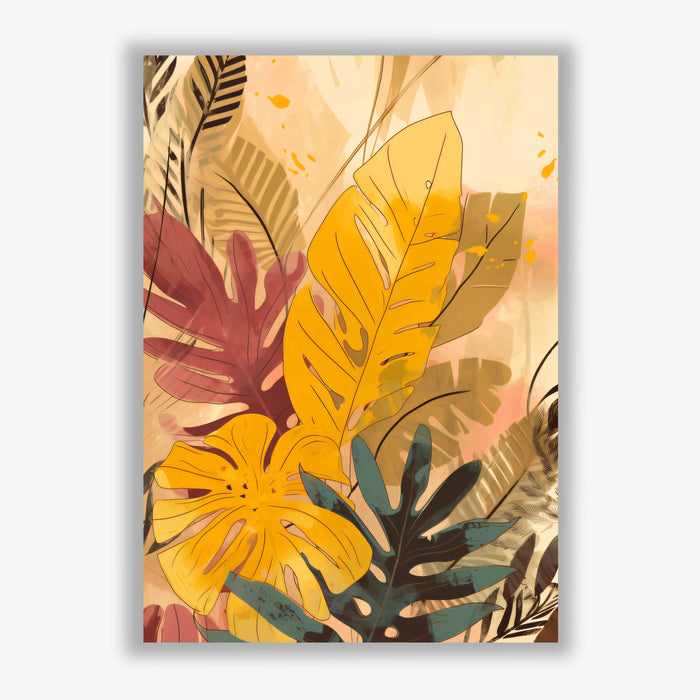 Tropical Radiance III – Golden Tropical Leaves with Coral Accents