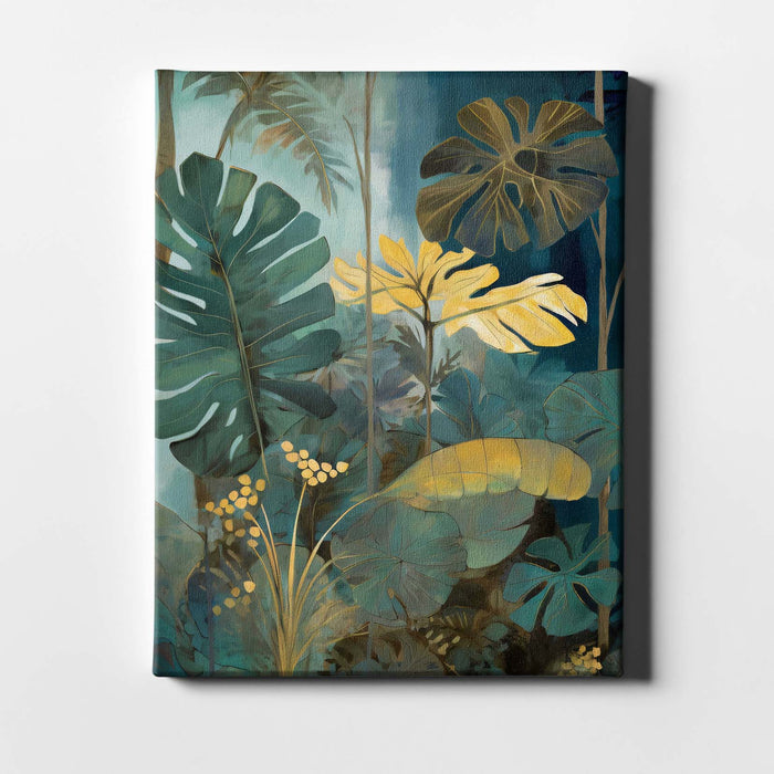 Canopy Light II – Monstera Leaf Print with Yellow Glow and Blue Green Tones