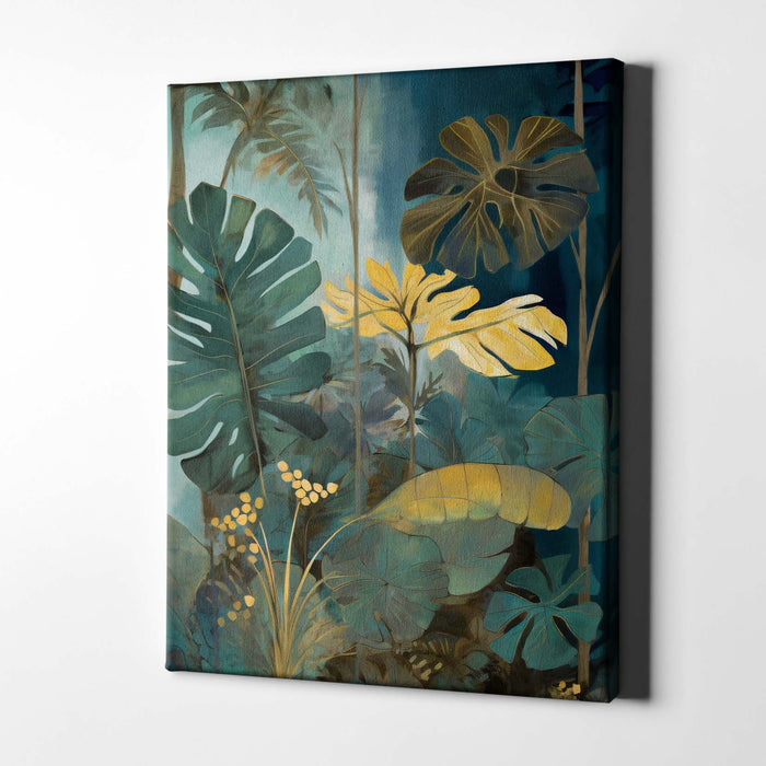 Canopy Light II – Monstera Leaf Print with Yellow Glow and Blue Green Tones