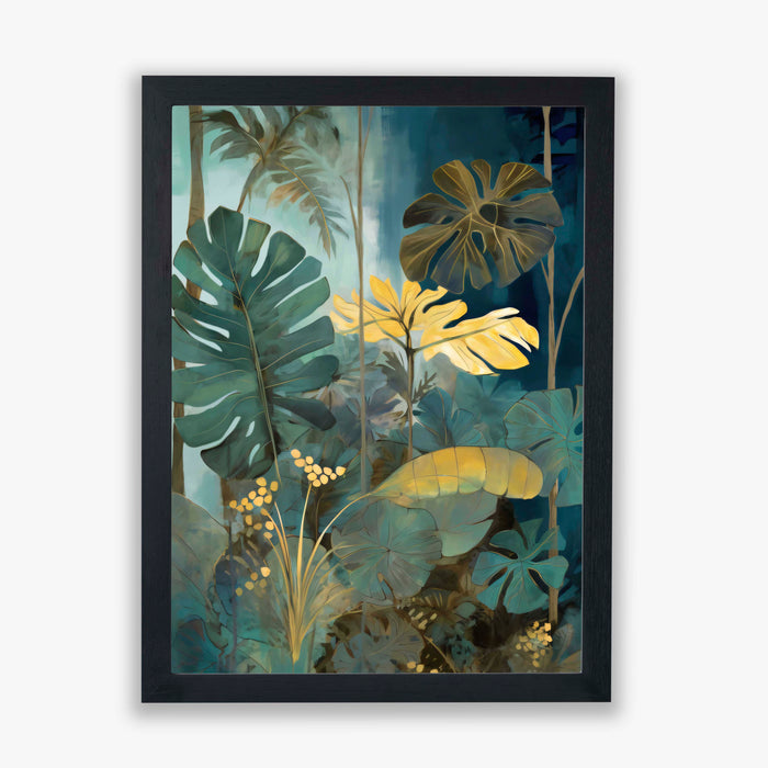 Canopy Light II – Monstera Leaf Print with Yellow Glow and Blue Green Tones