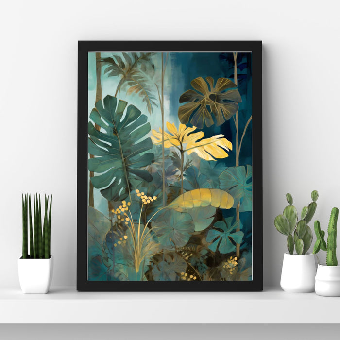 Canopy Light II – Monstera Leaf Print with Yellow Glow and Blue Green Tones